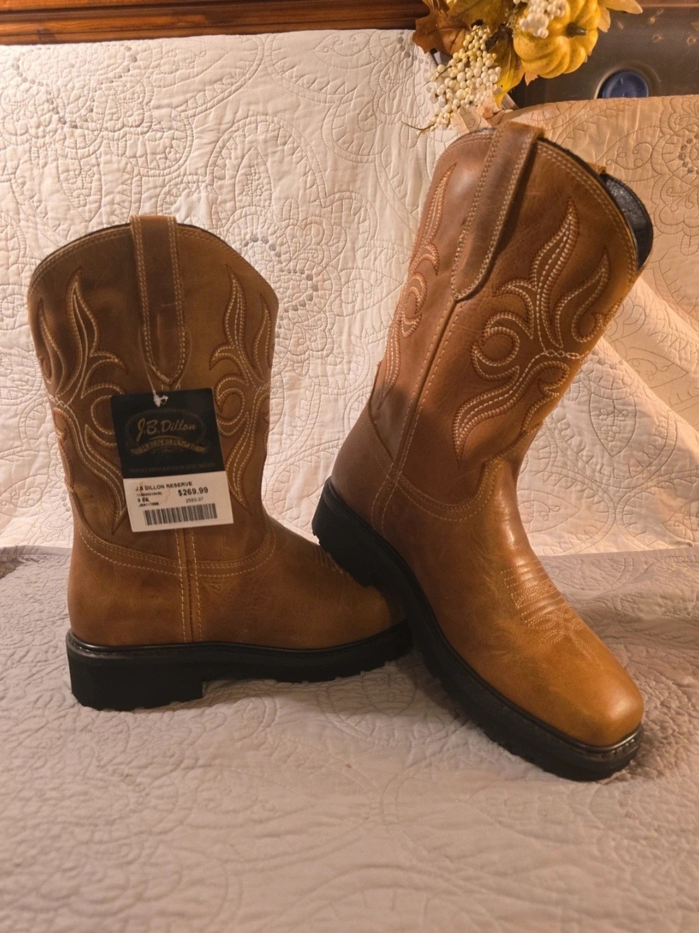 J.B. Dillon Men’s Brown Western Work Boots with Embroidered Shaft